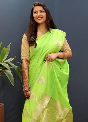Lime green silk blend banarasi saree with golden zari buti and border 3