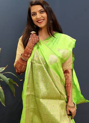 Lime green silk blend banarasi saree with golden zari buti and border 4