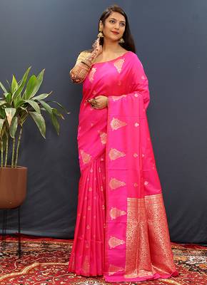Rani pink silk blend banarasi saree with golden zari buti and border 1