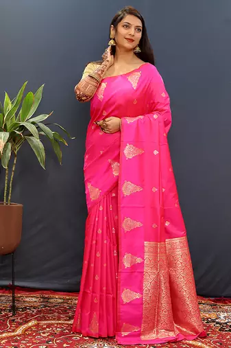Rani pink silk blend banarasi saree with golden zari buti and border
