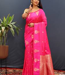 Rani pink silk blend banarasi saree with golden zari buti and border