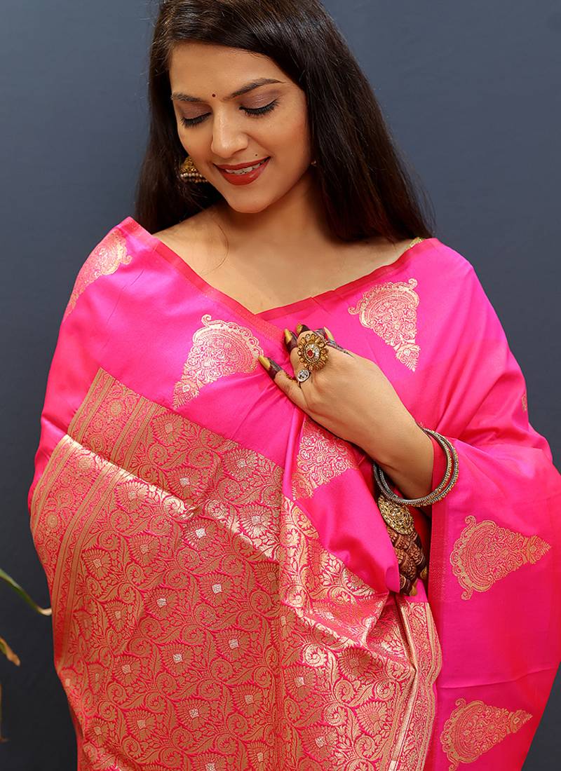 Rani pink silk blend banarasi saree with golden zari buti and border