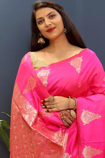 Rani pink silk blend banarasi saree with golden zari buti and border