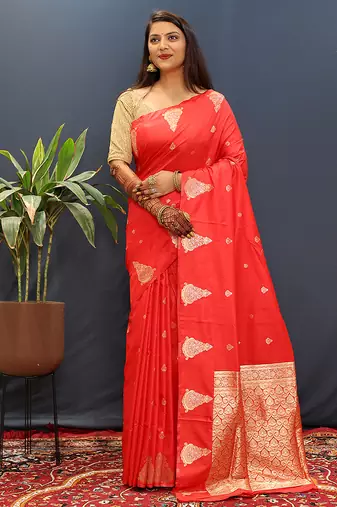 Red silk blend banarasi saree with golden zari buti and border