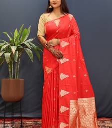 Red silk blend banarasi saree with golden zari buti and border