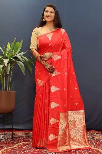 Red silk blend banarasi saree with golden zari buti and border