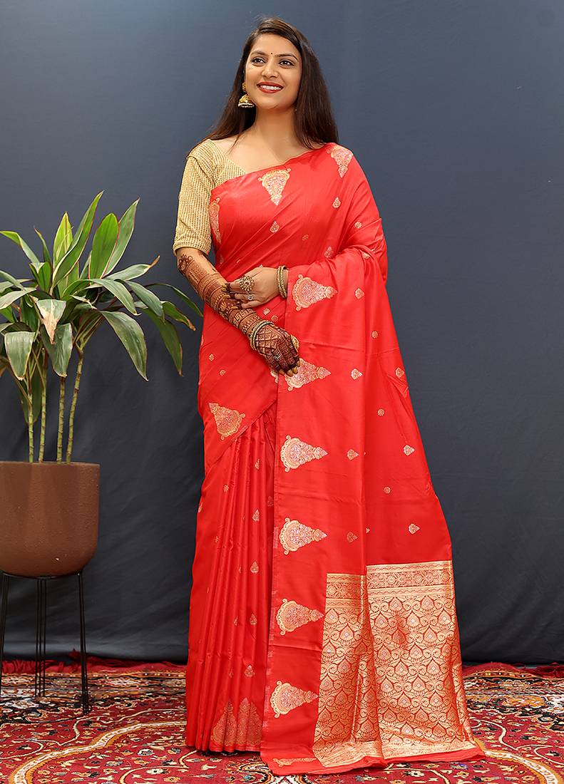 Red silk blend banarasi saree with golden zari buti and border