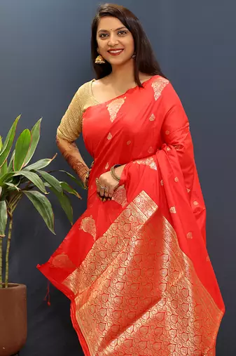 Red silk blend banarasi saree with golden zari buti and border