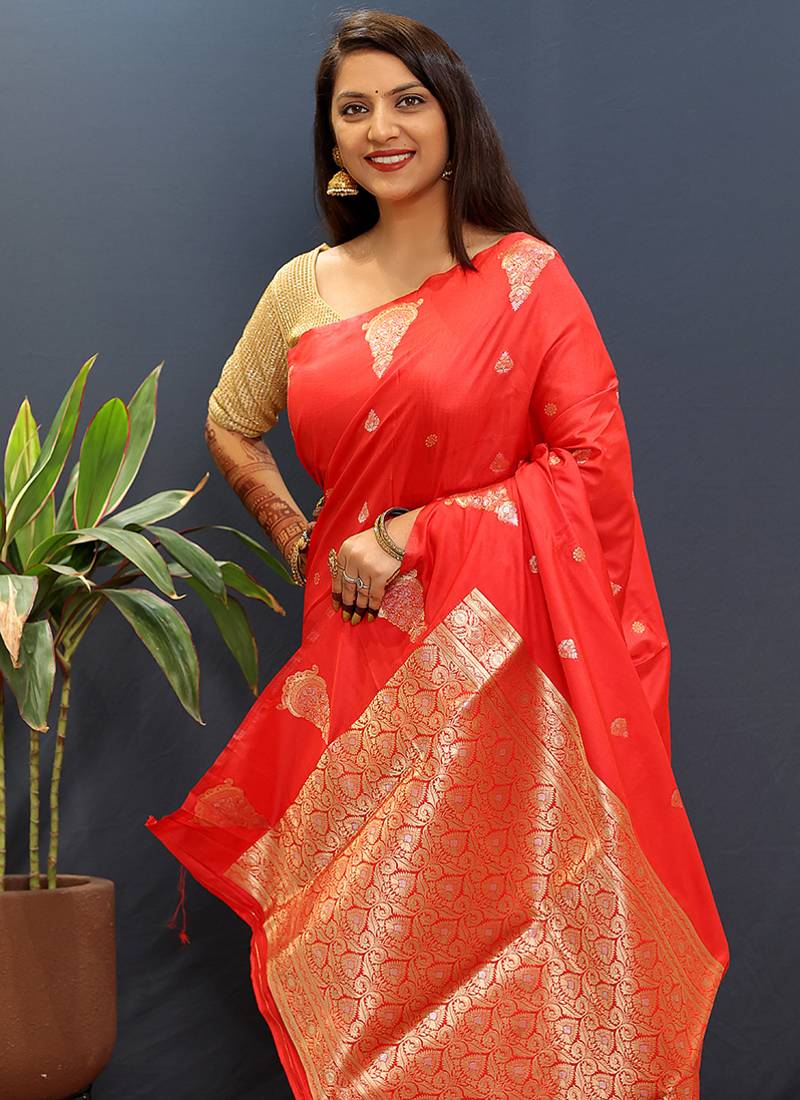 Red silk blend banarasi saree with golden zari buti and border