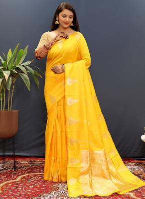 Mustard yellow silk blend banarasi saree with golden zari buti and border 1