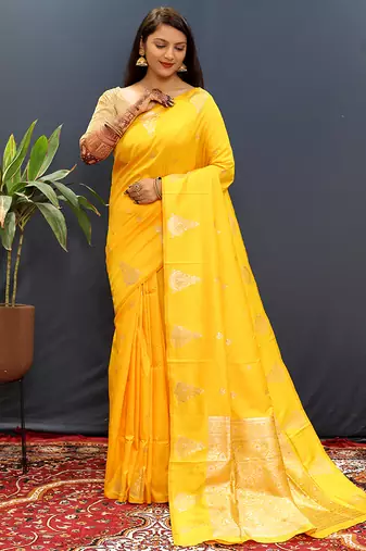 Mustard yellow silk blend banarasi saree with golden zari buti and border