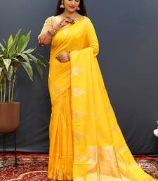 Mustard yellow silk blend banarasi saree with golden zari buti and border