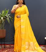 Mustard yellow silk blend banarasi saree with golden zari buti and border