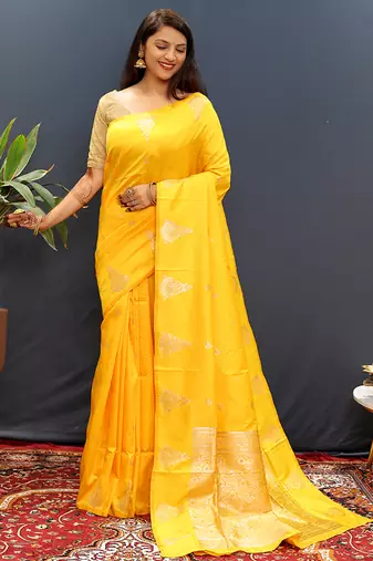 Mustard yellow silk blend banarasi saree with golden zari buti and border