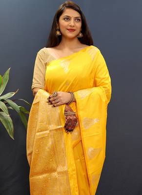 Mustard yellow silk blend banarasi saree with golden zari buti and border 3
