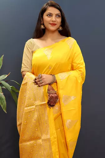 Mustard yellow silk blend banarasi saree with golden zari buti and border