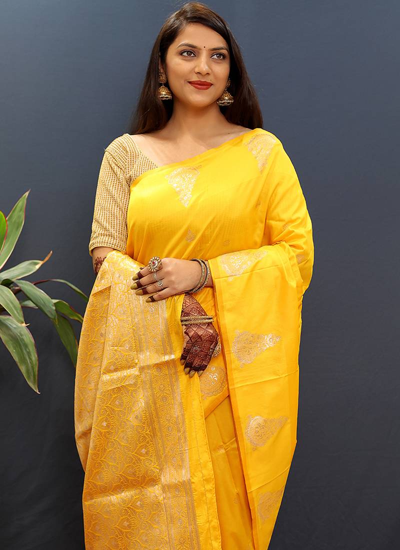 Mustard yellow silk blend banarasi saree with golden zari buti and border