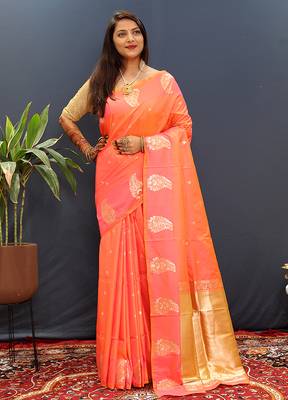 Peach silk blend banarasi saree with golden zari buti and border 1