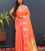 Peach silk blend banarasi saree with golden zari buti and border
