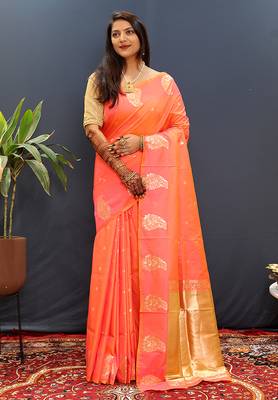 Peach silk blend banarasi saree with golden zari buti and border 2