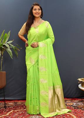 Lime green silk blend banarasi saree with golden zari buti and border 1