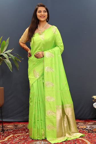 Lime green silk blend banarasi saree with golden zari buti and border