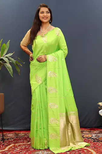 Lime green silk blend banarasi saree with golden zari buti and border