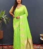 Lime green silk blend banarasi saree with golden zari buti and border