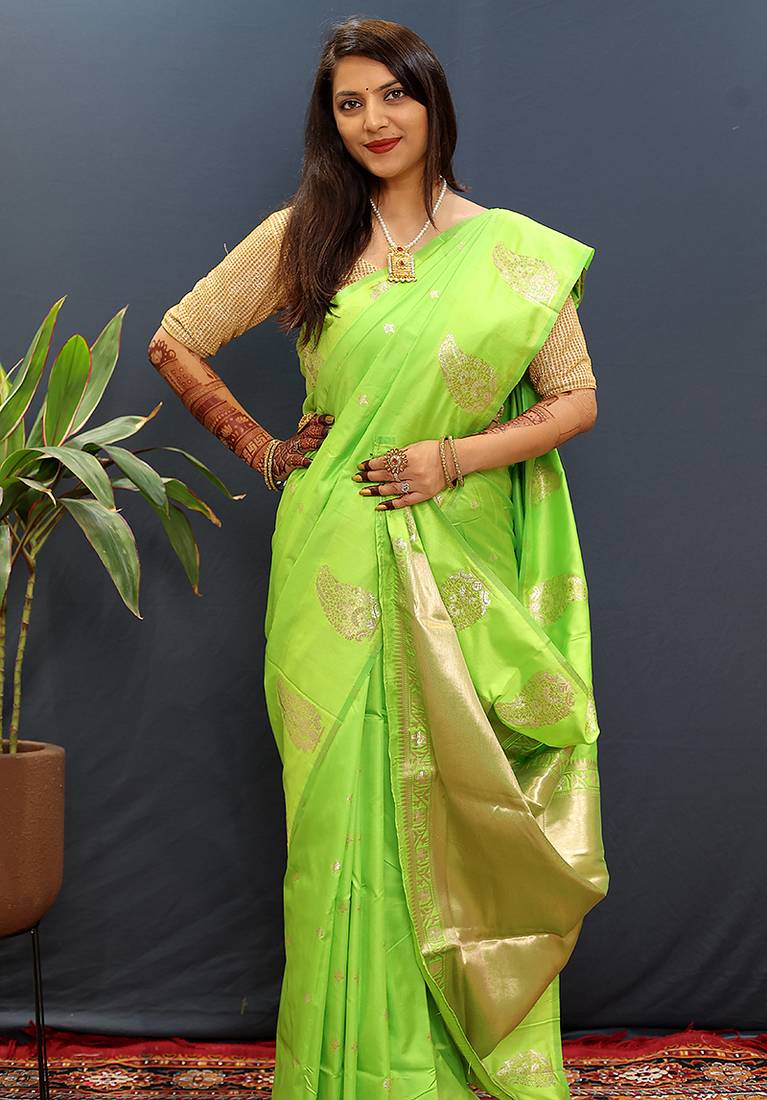 Lime green silk blend banarasi saree with golden zari buti and border