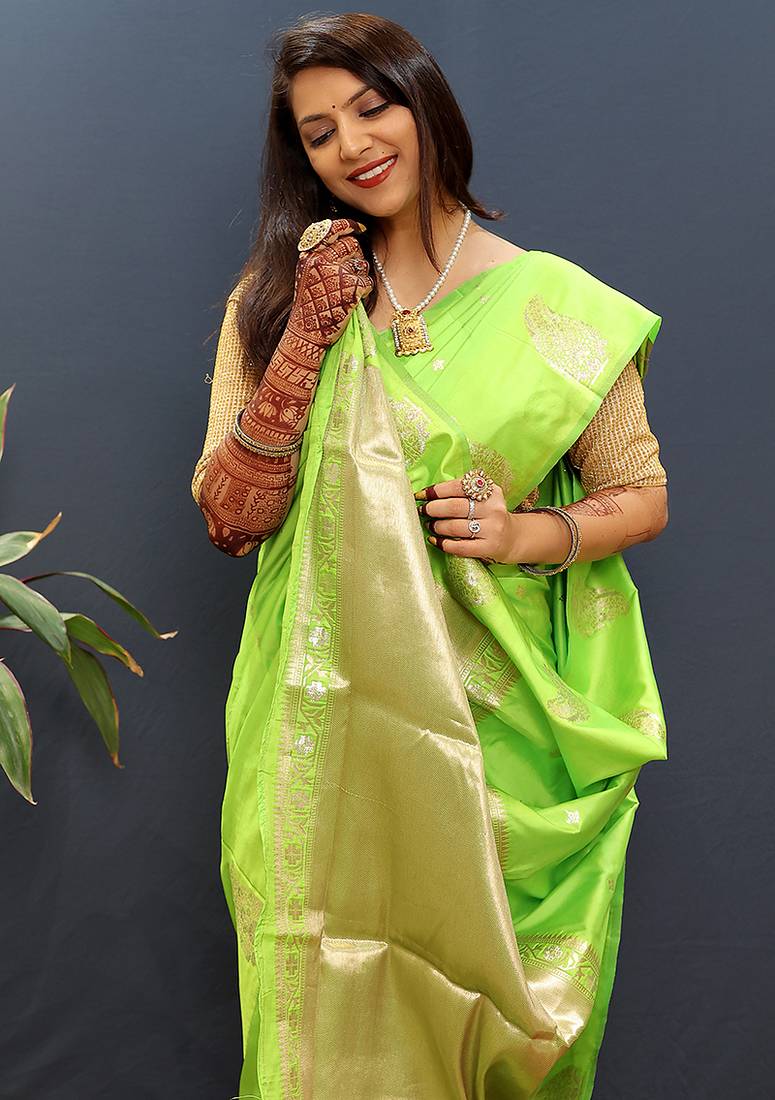 Lime green silk blend banarasi saree with golden zari buti and border