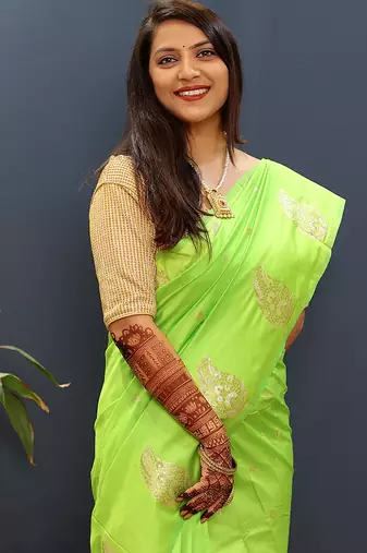 Lime green silk blend banarasi saree with golden zari buti and border