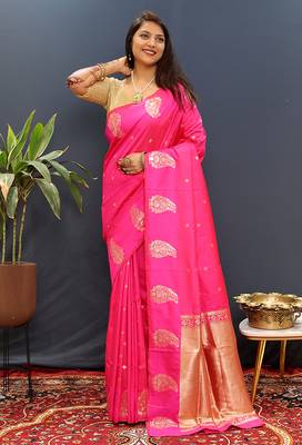 Rani pink silk blend banarasi saree with golden zari buti and border 1