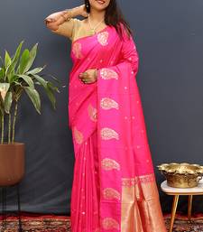 Rani pink silk blend banarasi saree with golden zari buti and border