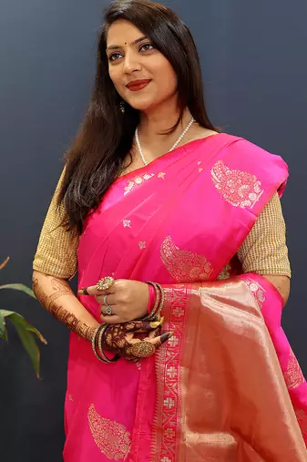Rani pink silk blend banarasi saree with golden zari buti and border