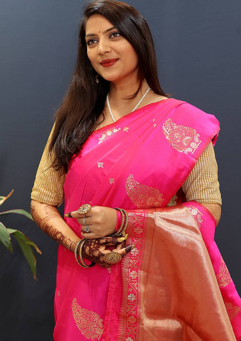 Rani pink silk blend banarasi saree with golden zari buti and border