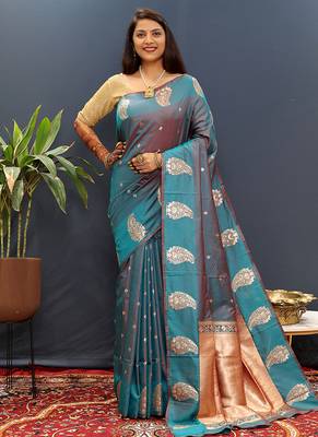 Teal blue silk blend banarasi saree with golden zari buti and border 1