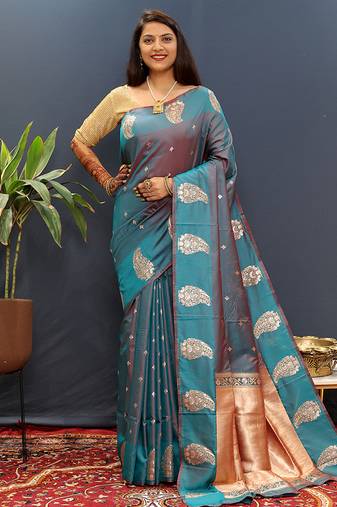 Teal blue silk blend banarasi saree with golden zari buti and border