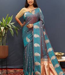 Teal blue silk blend banarasi saree with golden zari buti and border