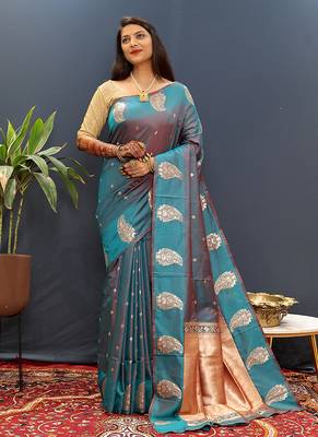 Teal blue silk blend banarasi saree with golden zari buti and border 2