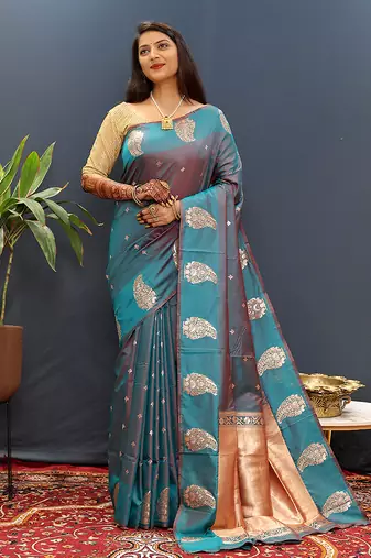 Teal blue silk blend banarasi saree with golden zari buti and border