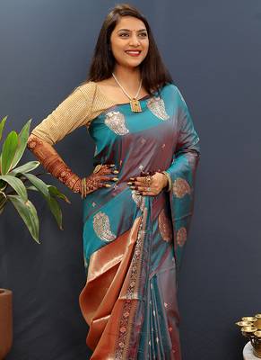 Teal blue silk blend banarasi saree with golden zari buti and border 3