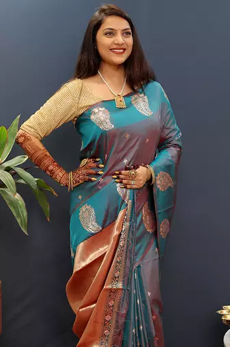 Teal blue silk blend banarasi saree with golden zari buti and border