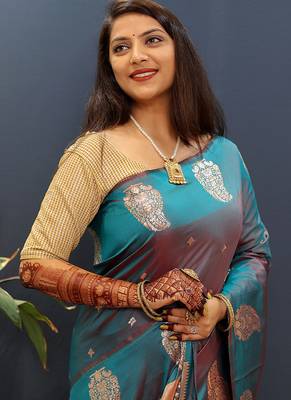 Teal blue silk blend banarasi saree with golden zari buti and border 4