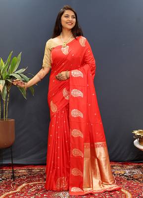 Red silk blend banarasi saree with golden zari buti and border 1