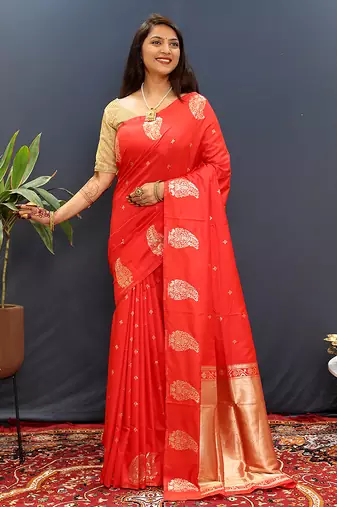 Red silk blend banarasi saree with golden zari buti and border