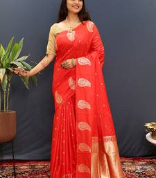 Red silk blend banarasi saree with golden zari buti and border