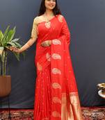 Red silk blend banarasi saree with golden zari buti and border
