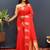 Red silk blend banarasi saree with golden zari buti and border