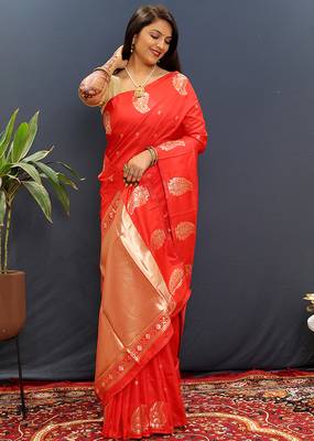 Red silk blend banarasi saree with golden zari buti and border 2