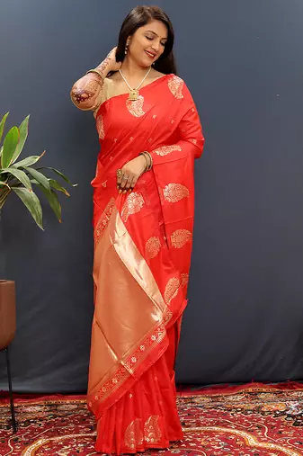 Red silk blend banarasi saree with golden zari buti and border